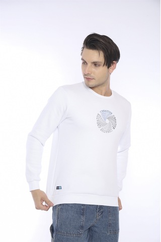 Escetic Erkek Spor Slimfit, Bisiklet Yaka Beyaz Sweatshirt-4260