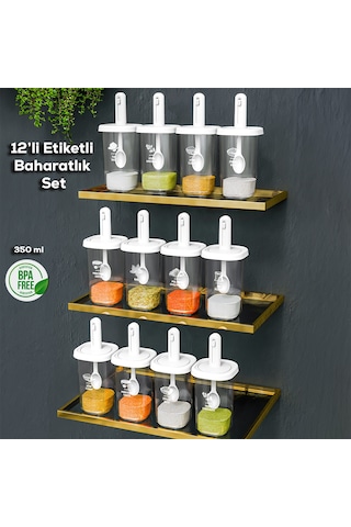 Porsima 1098 Kaydırmalı Kaşıklı Baharatlık Seti 12'li  Şeffaf - Beyaz