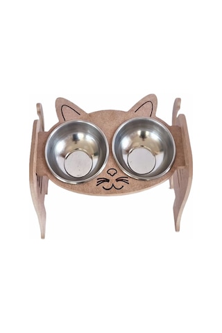 Liva LA8M1140383 Ahşap İkili Kedi Mama ve Su Kabı