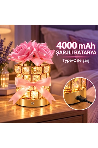 Kristal Cam Pembe Güllü Şarjlı Masa Lambası 4000 Mah Dokunmatik 3 Işık Modlu Dekoratif Gece Lambası