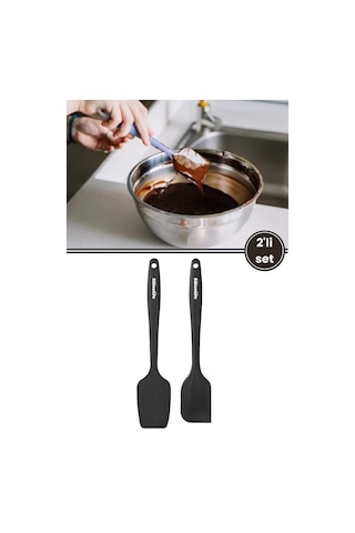 Silicolife Büyük Spatula Seti, Isıya Dayanıklı Yanmaz Yapışmaz Silikon Büyük Spatula Ve Kaşık Spatula 2 Li Set Siyah