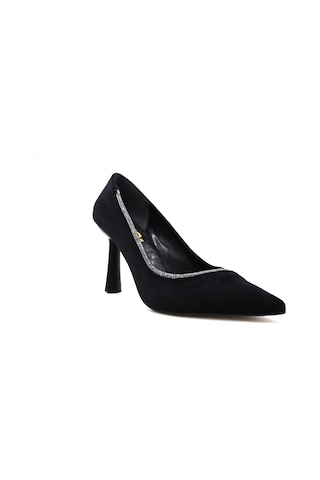 Beyaz Prego Topuklu Taş Detaylı Saten Kadın Ayakkabı Siyah Siyah