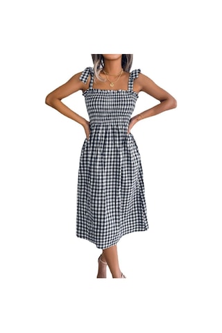 Gmxıa İlkbahar Yaz Rahat Bağcıklı Renk Kontrast Ekose Orta Boy Elbise Kadınlar İçin Siyah