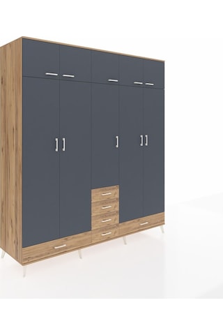 Kronos Dolap 6 Raflı 6 Çekmeceli 4 Askılı 220x59x243 Çam-antrasit/çam Antrasıt/atlas Çam