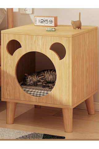 Modern Kedi Evi & Komodin - Kedi Başı Tasarımlı Ahşap Yan Sehpa