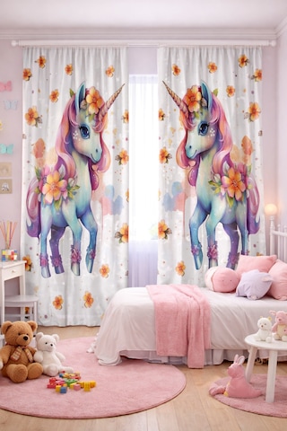 Kız Çocuk Odası Çift Kanatlı Fon Perde Çiçekli Unicorn Desenli
