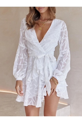 Fashion Cocktail Kabartma Yaprak Dal Desenli Uzun Kollu Kemerli Bohem Mini Elbise Beyaz
