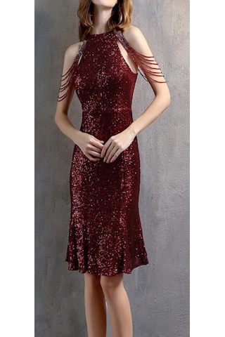 Hanife Glam Couture Hanife Glam Boncuk Detaylı Pulpayet Abiye Elbise Bordo