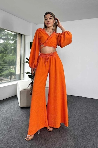 Fashion Cocktail Sahil Beach Tatil Bol Paça Doğal Müslin Kumaş Göbek Açık Crop Pantolon Kadın Takım Turuncu