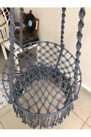 Aslanbutik Makrome Özel Örgü Burgu Halatlı Gri Salıncak Hamak Gri