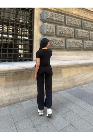 WeShaya Siyah Modal Polyester Dokulu Bisiklet Yaka Takım Siyah