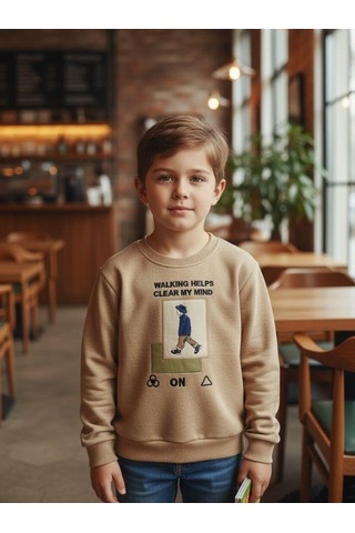 Zekids Erkek Çocuk Pamuklu Clear My Mind Yazılı Batik Desenli Sweatshirt-16333 Bej