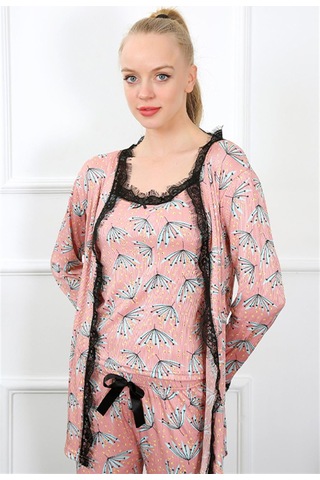 İbrahim Burak Etiler Collection Moda Çizgi Kadın 3'lü Somon Sabahlık Pijama Takım 16103