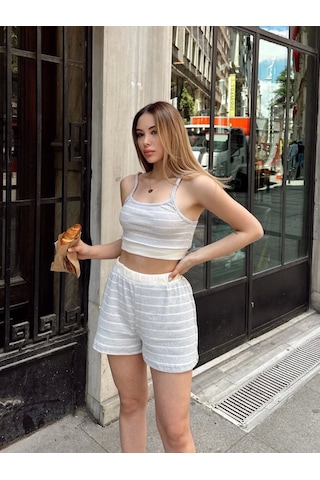 Kazax Çizgili Şortlu Takım Gri S3978 Gri