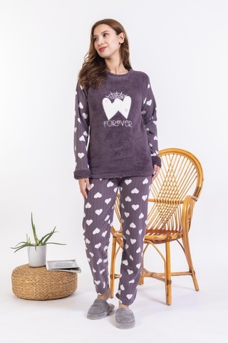 Yeni Sezon Sonbahar/kış Kadın Welsoft Polar Yuvarlak Yaka Kalp Desenli Kalın Pijama Takımı 30008-mürdüm Mürdüm