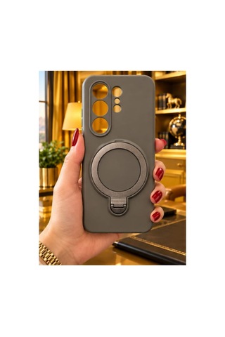 Samsung S26 Ultra İle Uyumlu 360 Derece Dönebilen Kalın Metal Magsafe Halka Stantlı İçi Kadife Korumalı Ultra Lüx Premium Silikon Kılıf Koyu Gri