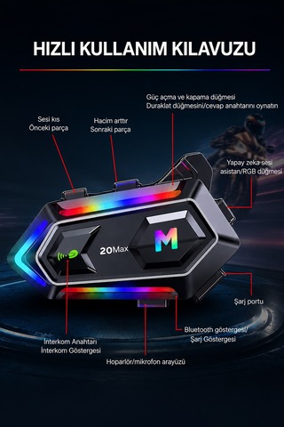 Rgb Işıklı Bluetooth 5.3 Interkom - Su Geçirmez Müzik Çalar Motosiklet Kask İçi Kulaklık Intercom