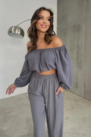 Fashion Cocktail Düşük Omuz Yazlık Lastikli Bohem Sahil Pantolon Krop Göbek Açık Kadın Takım Gri