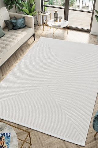 Merit Mr009a Krem Halı Geometrik Detaylı İnce Yumuşak Akrilik Modern Salon Oturma Odası Halısı-294 Bej