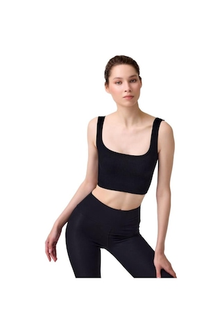 Cottonhill Premium - Kadın Siyah Seamless Orta Boy Kare Yaka Crop Top Büstiyer Siyah