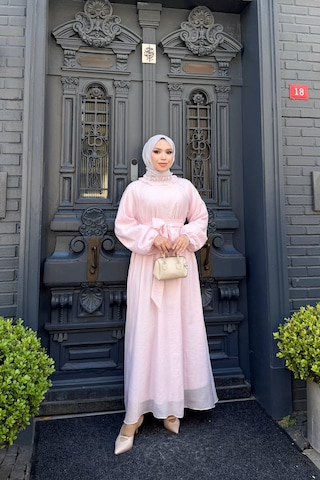Cgx İnci İşlemeli Tül Tesettür Elbise Pembe