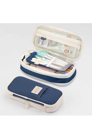 Maoyaya Mavi Macaron Kutusu Kutusu Koyu Kırtasiye Katmanlı Kapasiteli Kalem Geri Çift Çekilebilir Büyük Angoo Wr Koyu Mavi