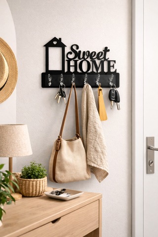 Sweet Home Duvar Askılığı 6 Kancalı Dekoratif Anahtarlık Ve Askı 39 X 28 Cm Siyah Siyah