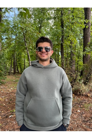 Erkek 3 İplik Basic Oversize Kanguru Cepli Kapüşonlu Sweatshirt Haki Yeşil