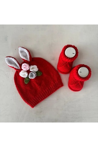 Uretti - Nur 3637 - El Yapımı Tavşan Detaylı Bere - Patik - Tulum 3'lü Takım - 0 -1 Yaş Bordo