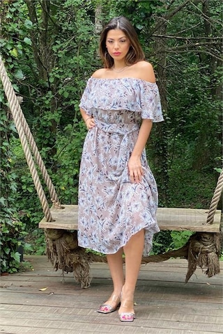 Neşeli Butik Kadın Bej Madonna Kuşaklı Çiçek Desenli Şifon Elbise Nb10037 Vizon