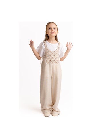 Roba Komple Nakışlı Keten Salopet Natürel Naturel Bej