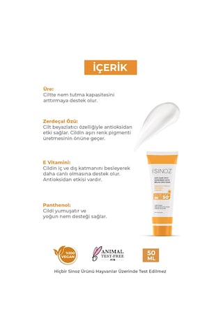 Sinoz Leke Karşıtı Yüksek Koruyucu Normal ve Kuru Ciltler İçin Yüz Güneş Kremi SPF50+ 50 ML