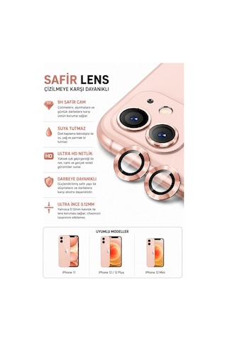 Apple iPhone Uyumlu 11 / 12 / 12 Mini Pembe Metal Kamera Lens Koruyucu Safir Cam Ultra Net Hd