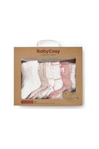 Babycosy Organic Wear Csyc1004 Bebek 6'lı Fiyonklu Çorap %100 Organik Pamuk, Bebek - Yenidoğan - Csyc1004 Taş Rengi