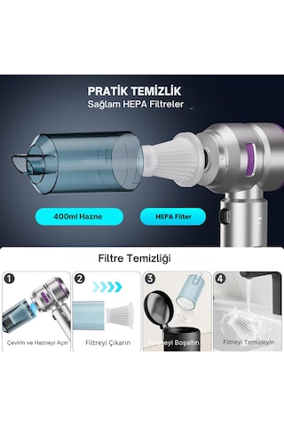 Araç İçi Süpürge 20.000pa Basınçlı Üfleme Ve Çekme Süpürgesi 12 Parçalı Araç Temizleme Seti Gri