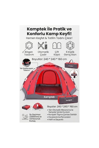 Kamptek 6 Kişilik Su Geçirmez Otomatik Kamp Çadırı - Çift Kapılı Taşıma Çantalı Kırmızı