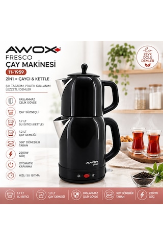 Çapa Makinesi Awox Fresco Siyah Elektrikli Çay Makinesi Çaycı Set 1.7lt Su Isıtıcı + 1.2lt Demlik Paslanmaz Çelik Gövde 2200w
