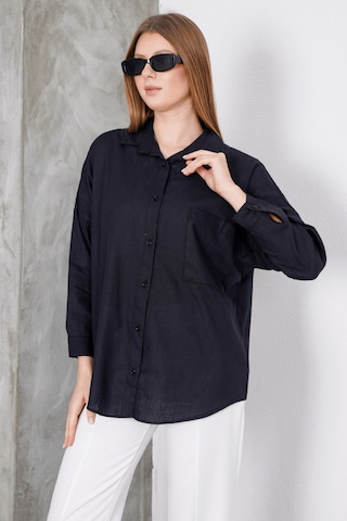 Paw Garage Kadın London Keten Tek Cepli Oversize Gömlek, Premium Kalite Keten Gömlek Siyah