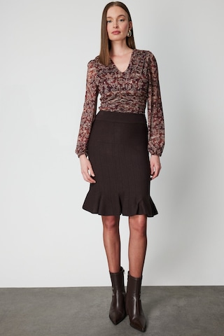 On Kadın Eteği Pileli Diz Üstü Triko Etek 65200 Kahverengi Kahverengi