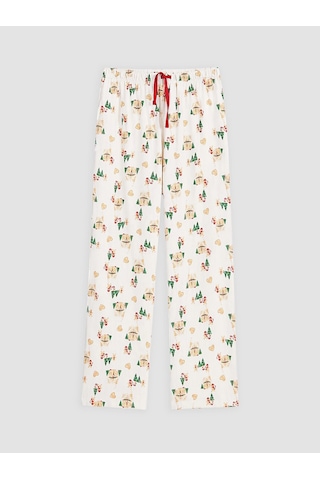 LC Waikiki Lcw Dream Ekru Yılbaşı Temalı Kadın Pijama Takımı Ekru Baskılı