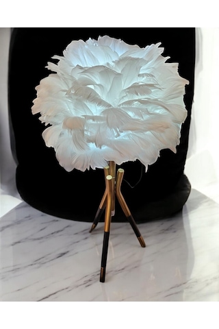 Tüylü Dekoratif Tripotlu 3'lü Ayaklı Abajur - Beyaz Beyaz