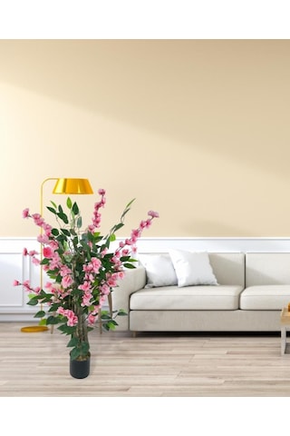 Yapay Ağaç Pembe Bahardalı Elma Çiçeği Ağacı100cm Yeşil Yapraklı