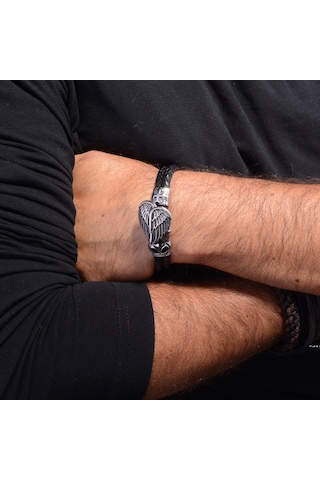 Çelik Aksesuarlı Deri Bileklik - Wings Çelik