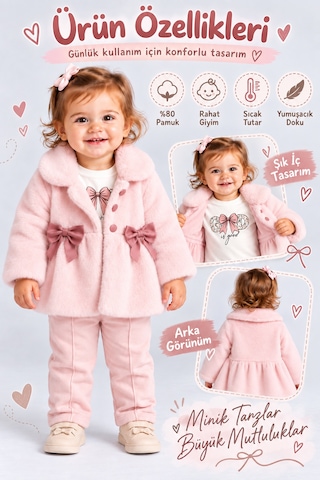 Ahengim Kız Bebek Peluş Mont Fiyonklu Düğmeli Yumuşak Dokulu Kışlık Ceket Ak8548 Pembe