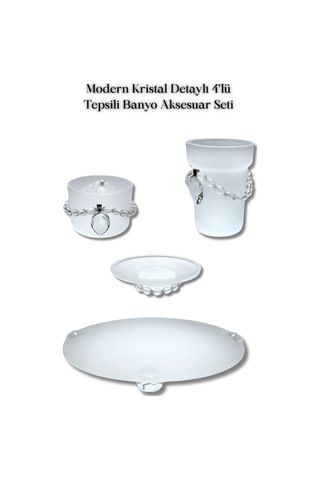 Modern Kristal Detaylı 4 Lü Tepsili Banyo Aksesuar Seti Beyaz