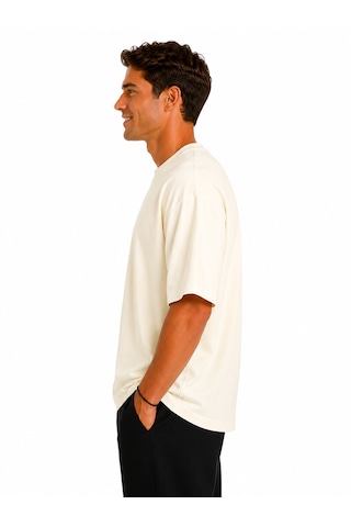 Vasto Moda Erkek Oversize Kalın Dokulu %100 Organik Pamuk Bisiklet Ribana Yakalı Ekru T-shirt