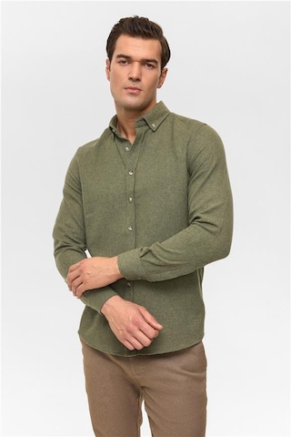 Haki Slim Düz Düğmeli Yaka Gömlek Haki