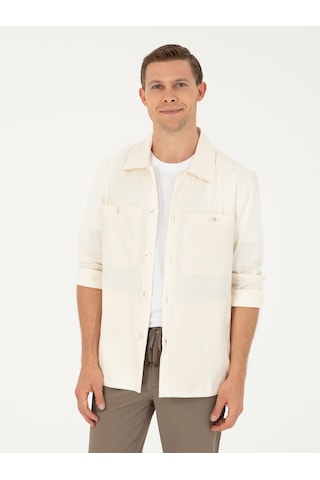 Cacharel Ekru Regular Fit Keten Karışımlı Cepli Ceket Gömlek 15469610