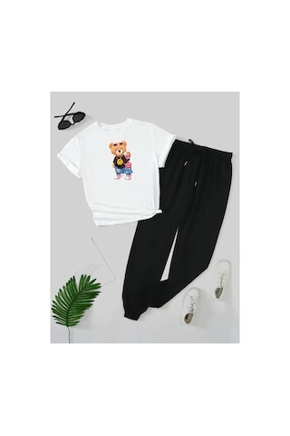Medinenur Süslü Peluş Ayıcık Baskılı T-shirt Eşofman Altı Jogger Rahat Kalıp Siyah Eşofman Takım Beyaz