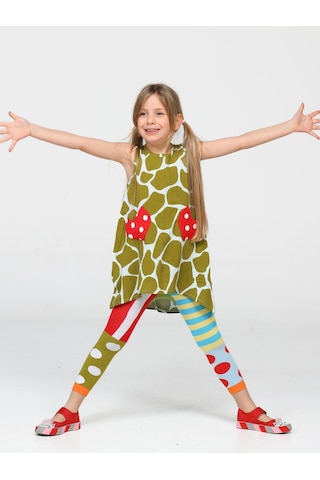 Yeşil Desenli Tunik + Çorap Tayt Takım-karışık Renk Gri